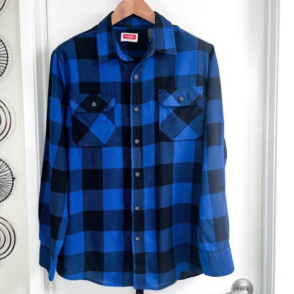 Wrangler Mens Check Gingham Button Front Shirt - Blue Black, Size L - Picture 1 of 8